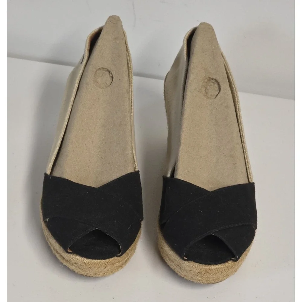 Tory Burch Womens 10 Espadrille Wedge Sandals Canvas Peep Toe Black Logo